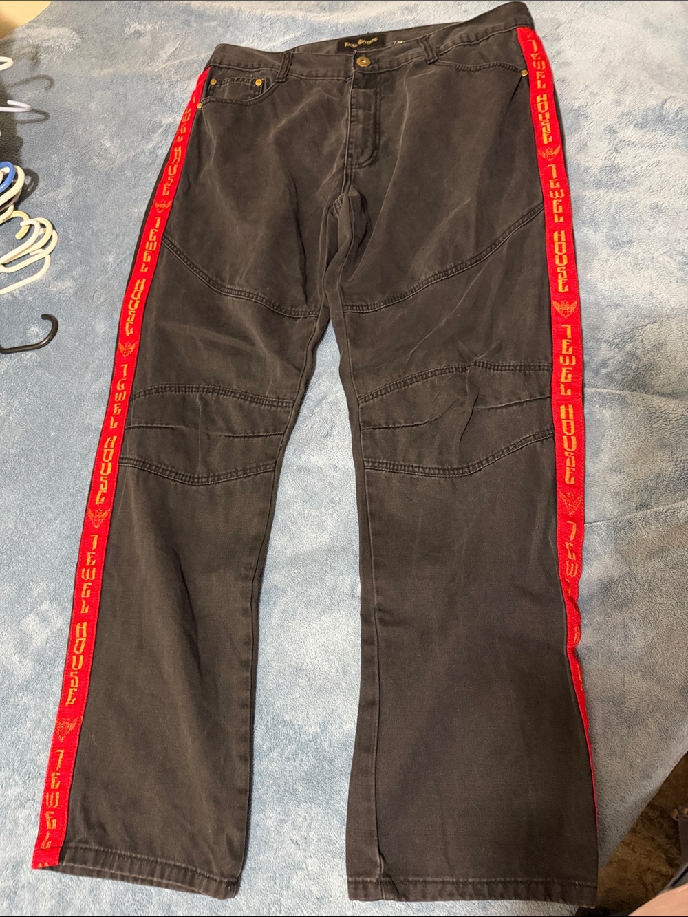 Black Cargo Pants with Red Side Tape Trim